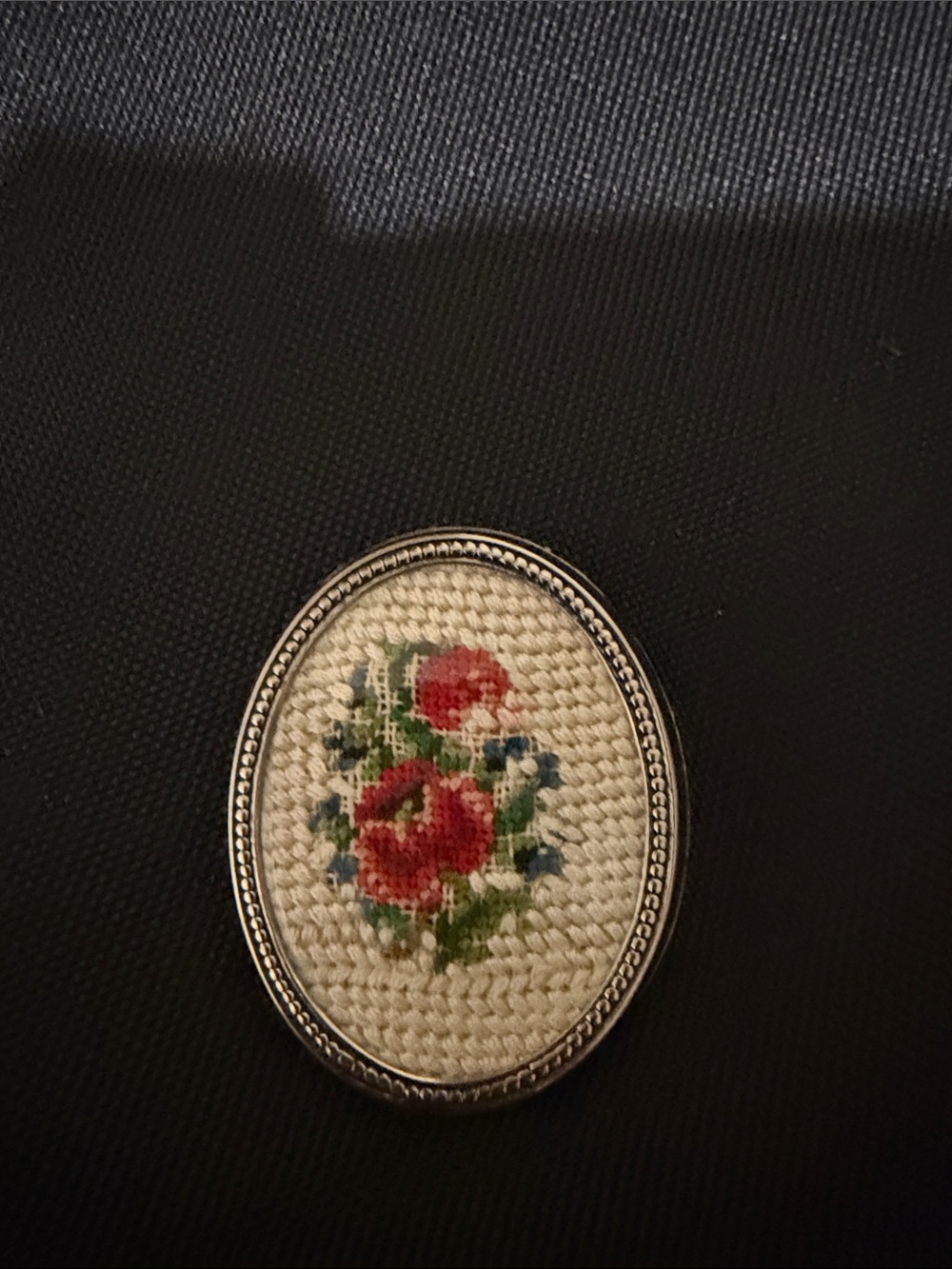 Vintage Floral Needlepoint Oval Brooch in Red and Cream